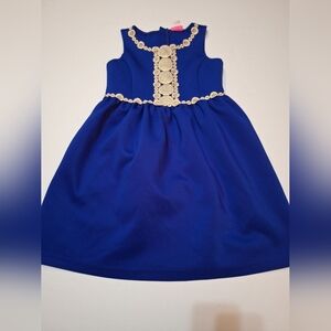Lilly Pulitzer Girls Baylee fit flare dress blue gold embroidery Size XL 12-14